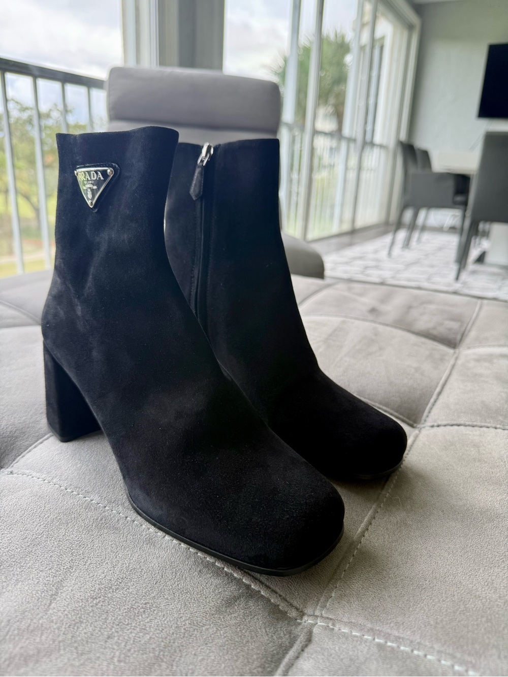 NIB, Prada Black Suede Block Heel Ankle Boots with Triangle Logo